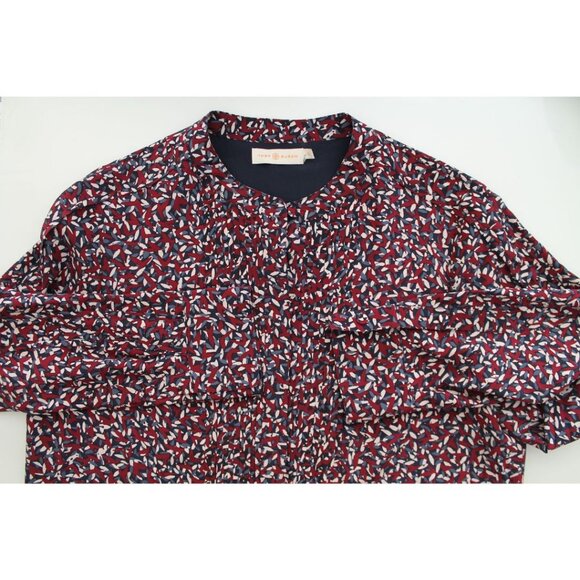 Tory Burch Pleated Silk Shirt Dress Agate Confetti Red Multi Size 12 - Picture 6 of 8